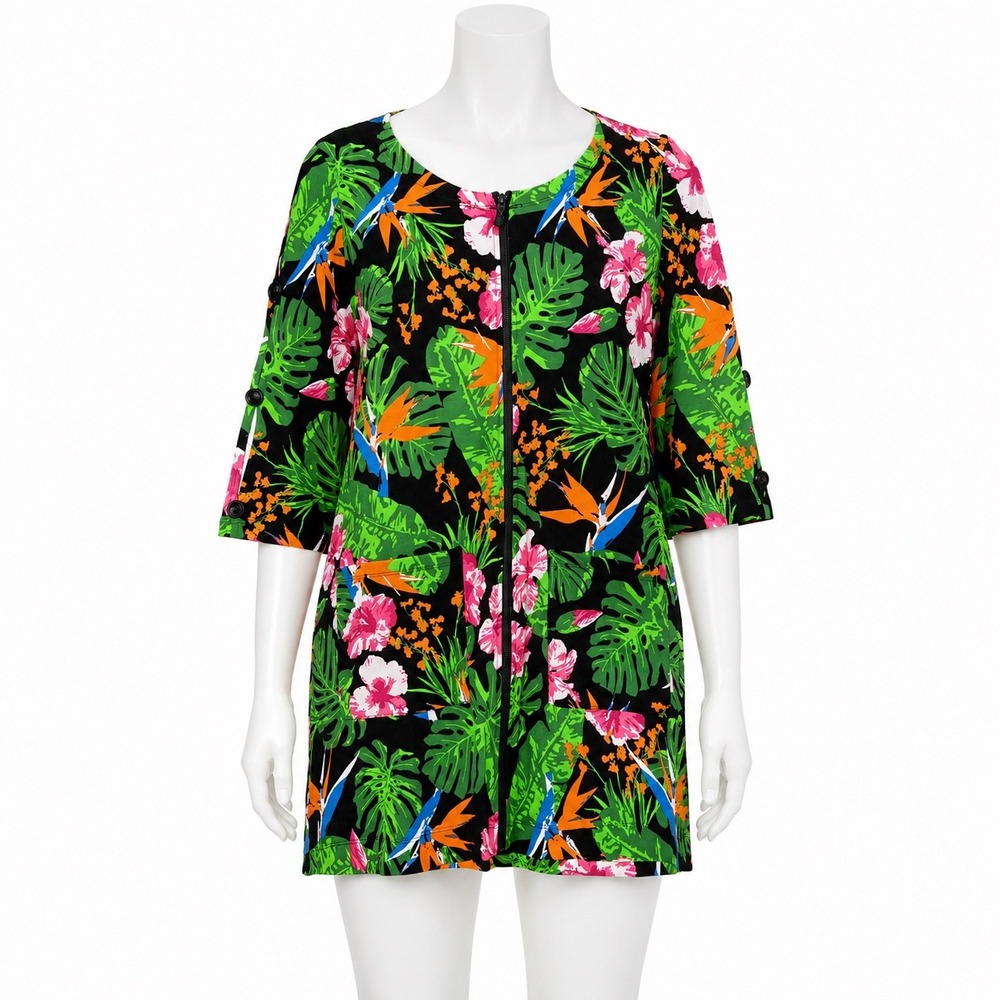 Denim & Co Beach Swim Cover Up Medium Black Tropical Floral Zip Front Pockets
